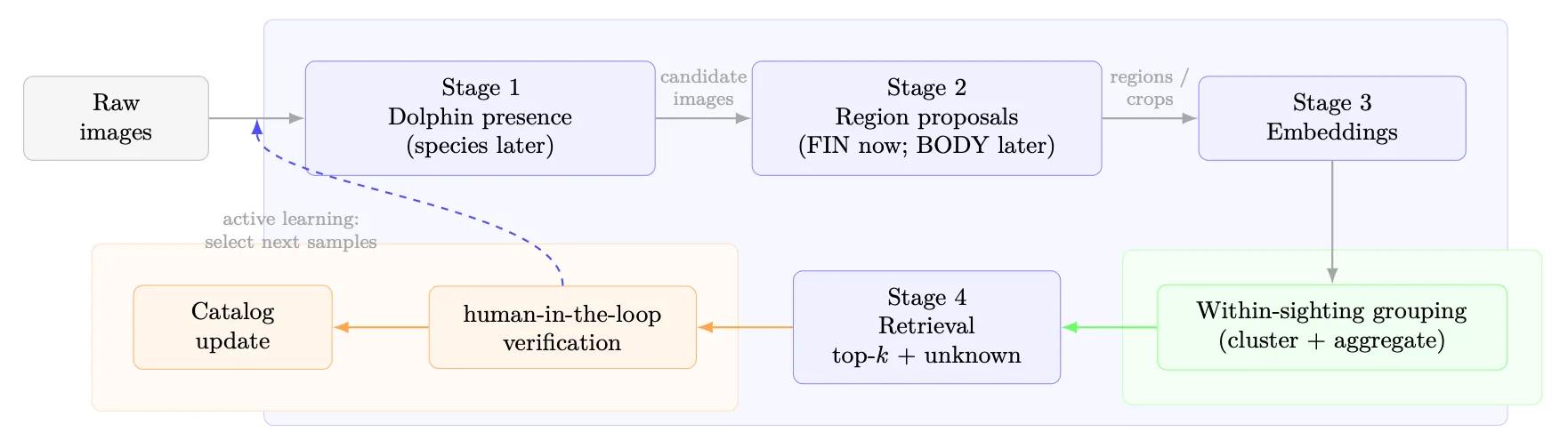 End-to-end ML pipeline with within-sighting grouping and human verification.